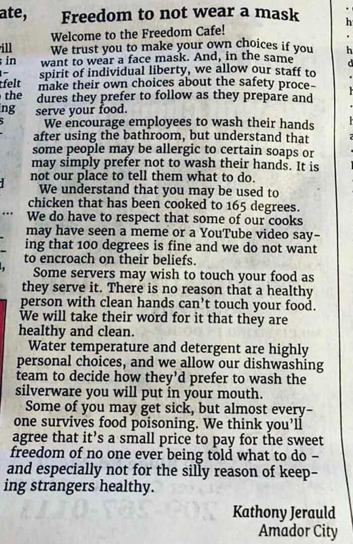 Satirical newspaper article about the Freedom to not wear a mask, highlighting entitled Karen behavior.