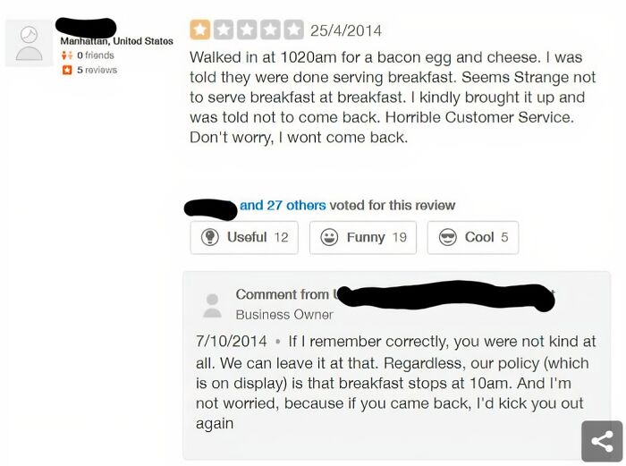 An online restaurant review and owner reply depicting demanding Karen behavior over breakfast hours.