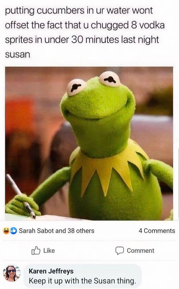 Social media post with Kermit the Frog about Susan, with a comment from Karen Jeffreys.