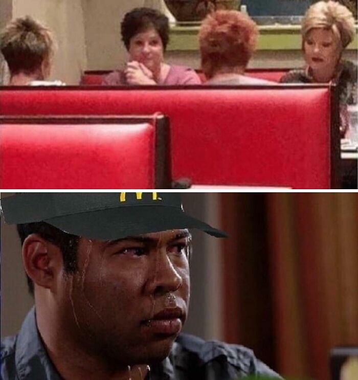 Meme of a sweating fast food employee looking at a group of women with the Karen haircut