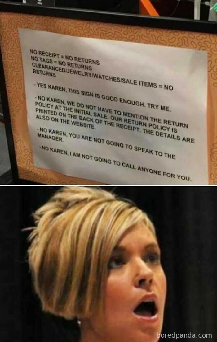 An anti-return store sign addressing Karen behavior next to a picture of a woman with a classic haircut.