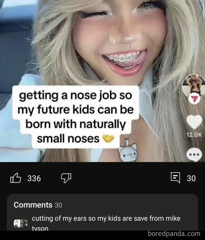 A cringe video screenshot where a girl believes a nose job will pass down genetically to her kids