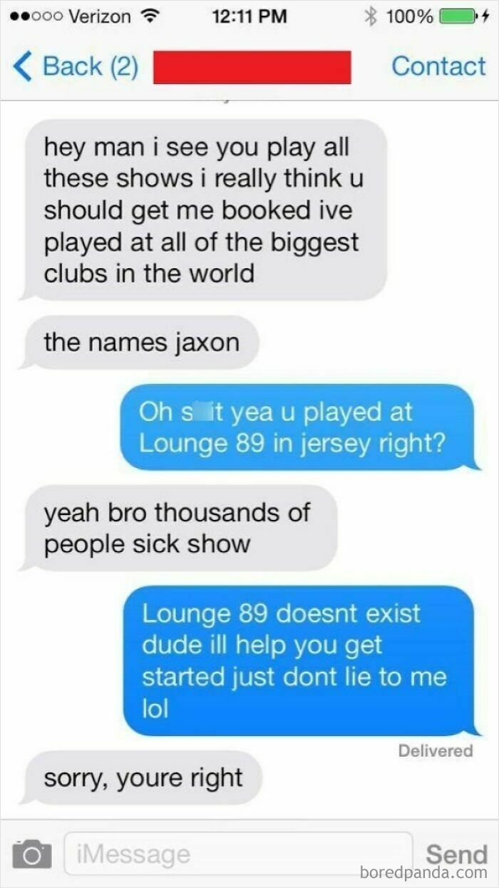 A cringe text message conversation where someone is caught lying about a venue.