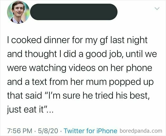 Tweet displaying a cringe cooking fail text message from a girlfriend's mother.