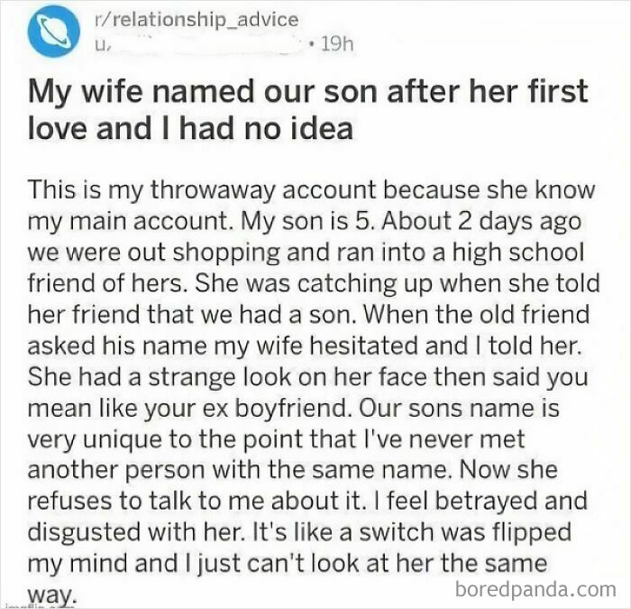 Reddit relationship advice post where a husband discovers a cringe secret about his son's name.