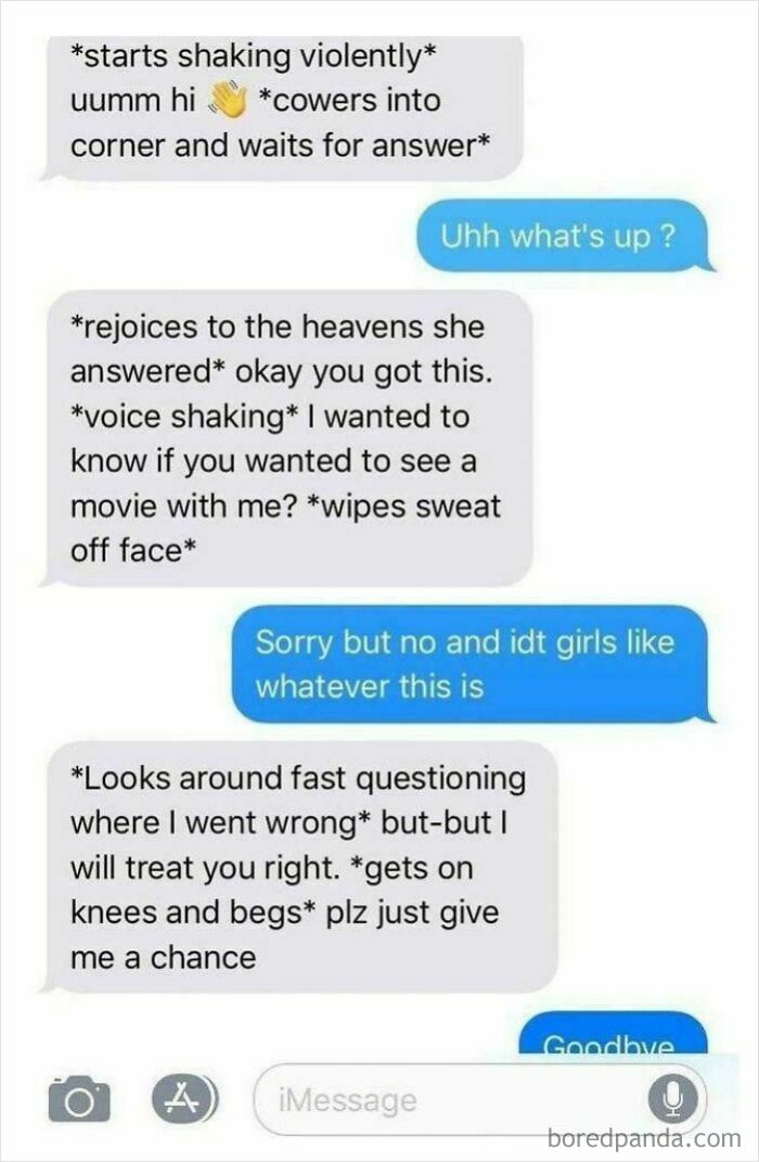 A cringe text message conversation showing an awkward roleplay attempt to ask someone out on a date