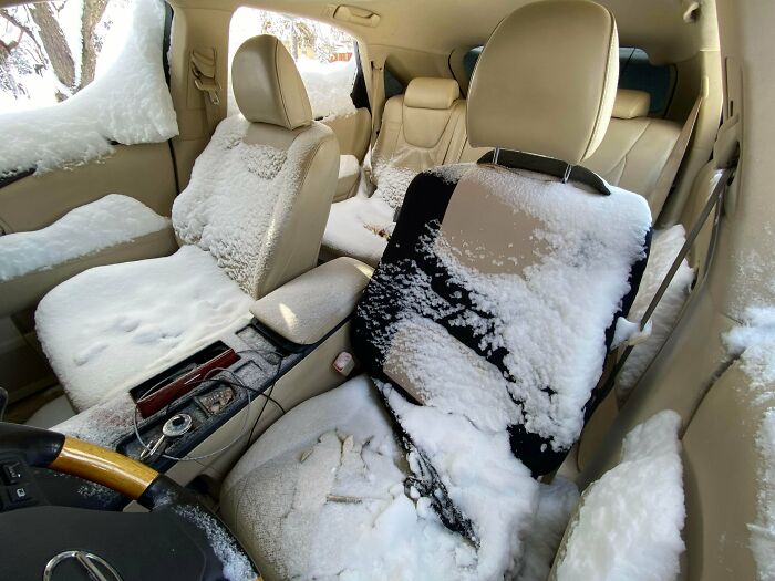 Car interior covered in snow after windows were left open, highlighting questionable decisions.