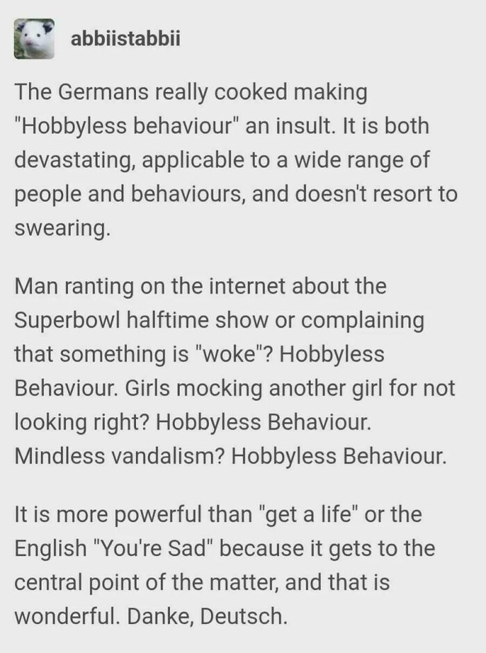 A Tumblr post discussing the German concept of hobbyless behavior as one of many funny and oddly accurate insults.