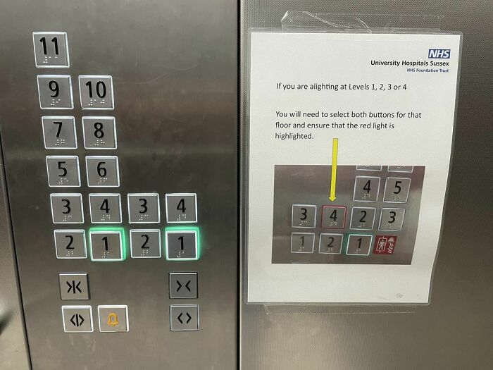 An elevator panel with a questionable decision requiring users to press multiple confusing buttons for one floor.