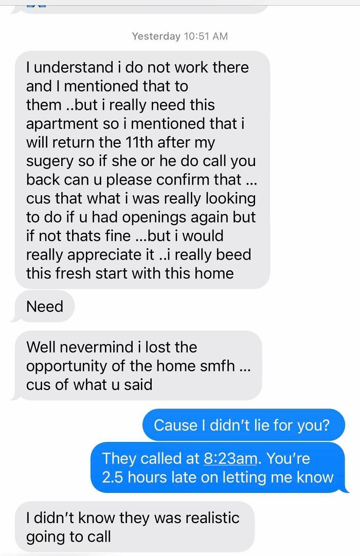 Screenshot of text messages showcasing questionable decisions regarding job references and honesty.
