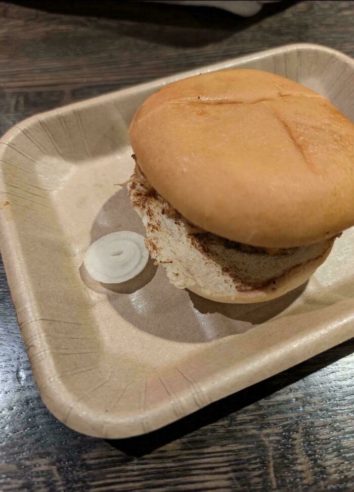 A burger served with a single tiny ring of onion, highlighting questionable decisions