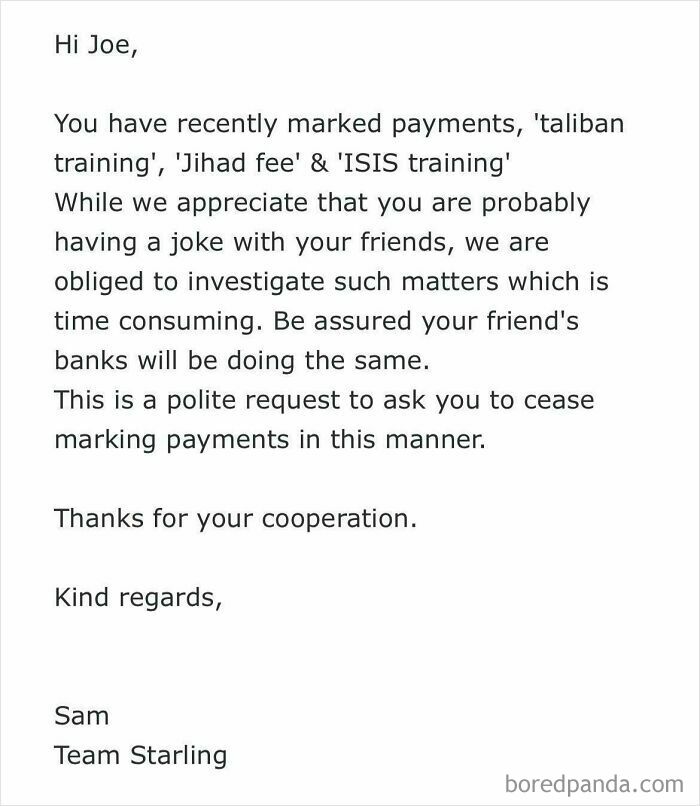 A formal warning letter to Joe about his questionable payment marking decisions