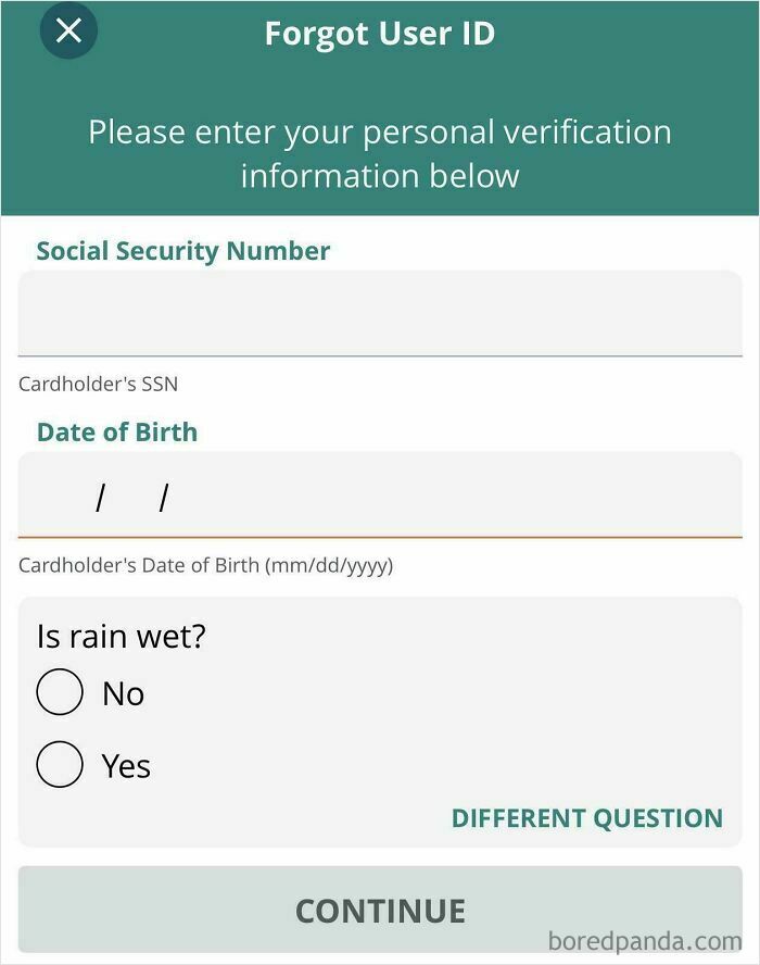 A verification screen asking Is rain wet? under questionable decisions