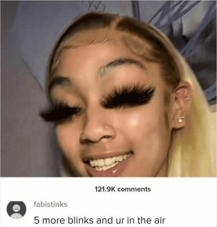 A close-up of a girl with extremely long eyelashes, representing funny insults that are oddly accurate.