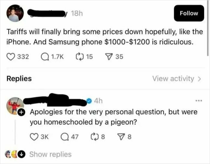 Social media screenshot with funny insults asking if someone was homeschooled by a pigeon over tariff opinions.