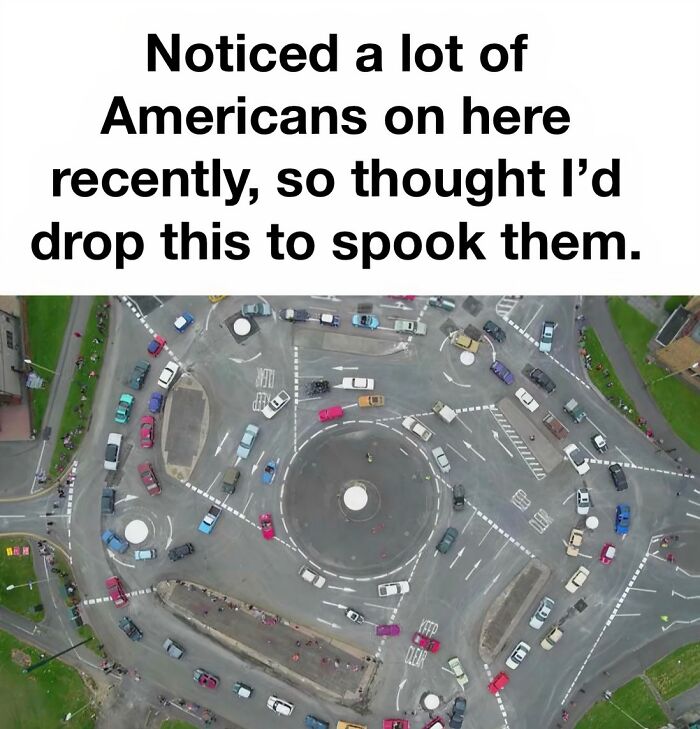 British memes showing an aerial view of a complex Swindon roundabout designed to spook Americans.