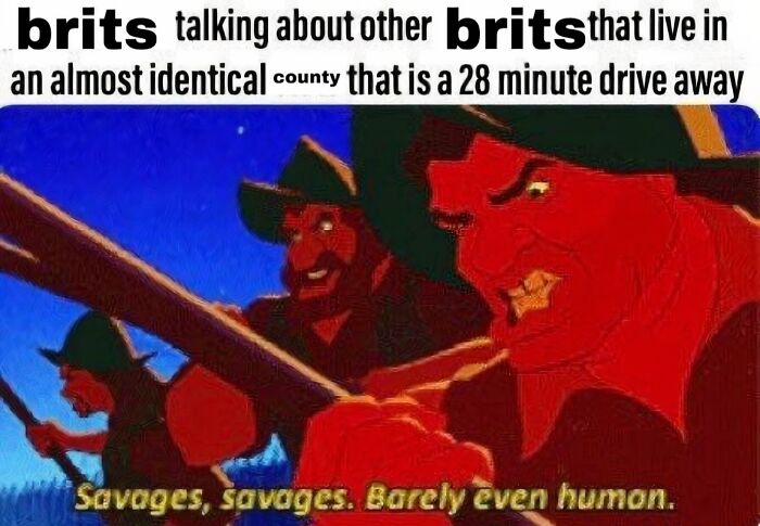A Disney Pocahontas scene used as a British meme depicting rivalry between neighbouring UK counties