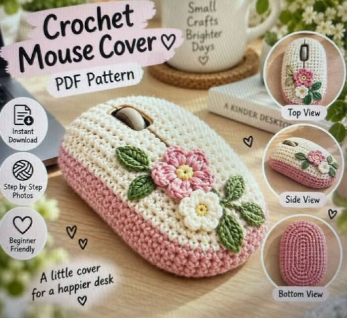 A crochet mouse cover with pink and white flowers on a desk as a hilarious crafts idea