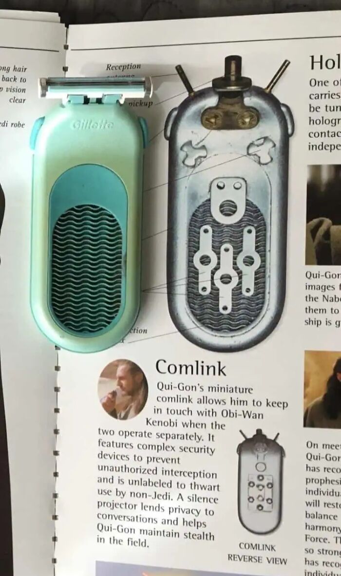 Star Wars Qui-Gon Jinn comlink prop shown next to a Gillete razor handle used in movie props.