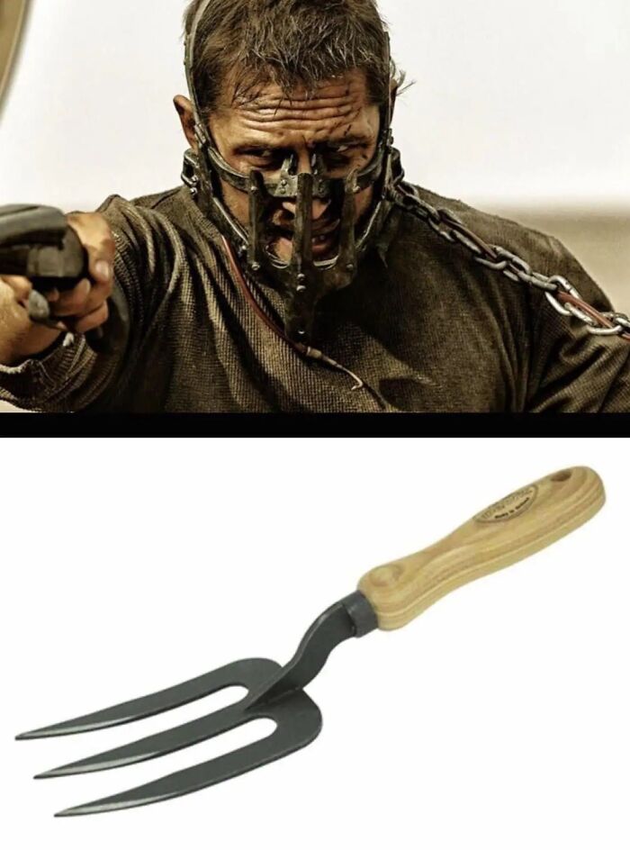 Character in mask next to a garden hand fork, demonstrating creative movie props.