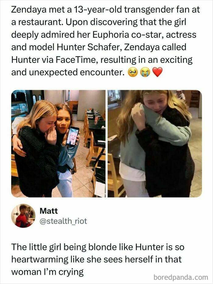Heartwarming pop culture news post of Zendaya introducing a young trans fan to Hunter Schafer on FaceTime