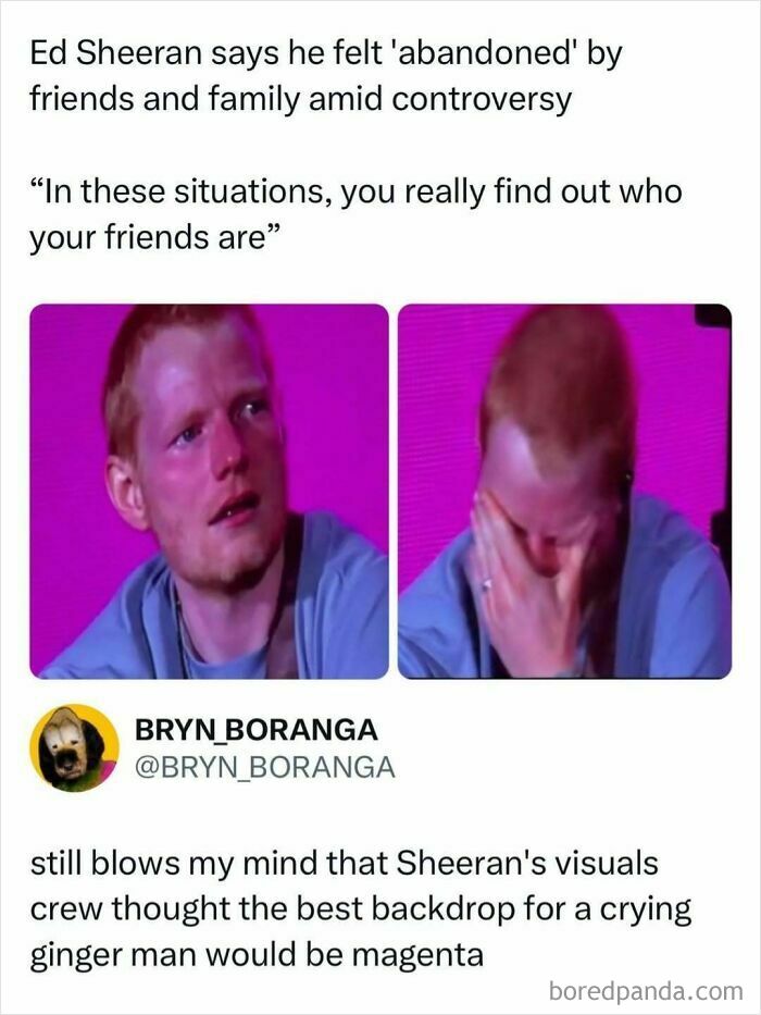 Ed Sheeran crying with a magenta backdrop pop culture news post