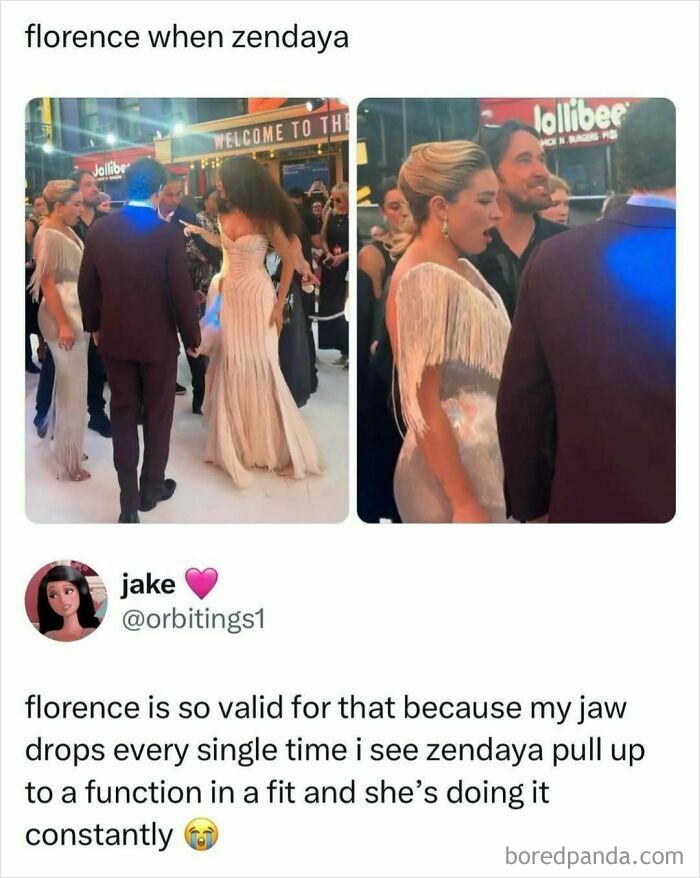 Pop culture news meme showing Florence Pugh looking amazed at Zendaya on a red carpet event.