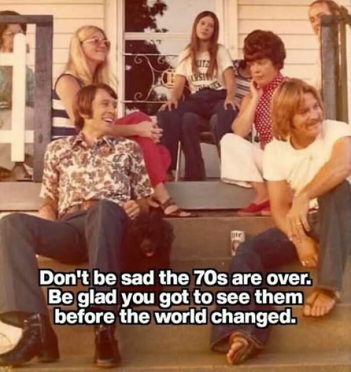70s era friends sitting together with nostalgic quote on photo