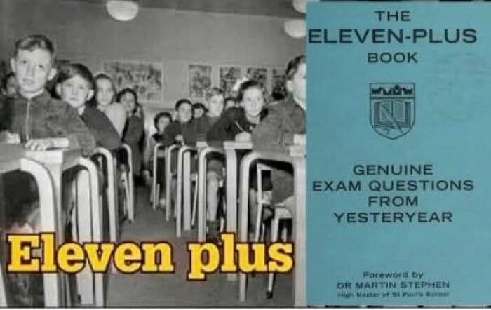 Black and white 70s classroom with eleven plus exam book cover