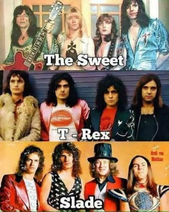 Famous 70s rock bands The Sweet T-Rex and Slade in vintage photo