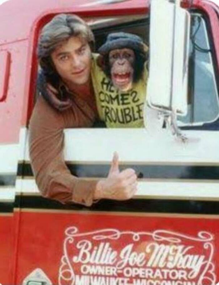 1970s man with chimpanzee in truck showing thumbs up vintage photo
