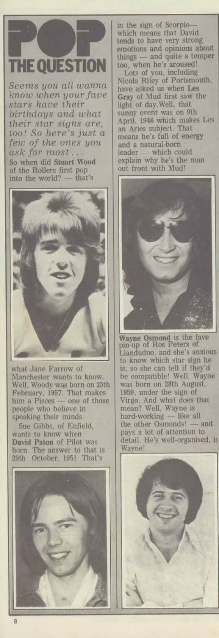Vintage 1970s magazine page featuring pop stars and their birthdays with black and white portraits