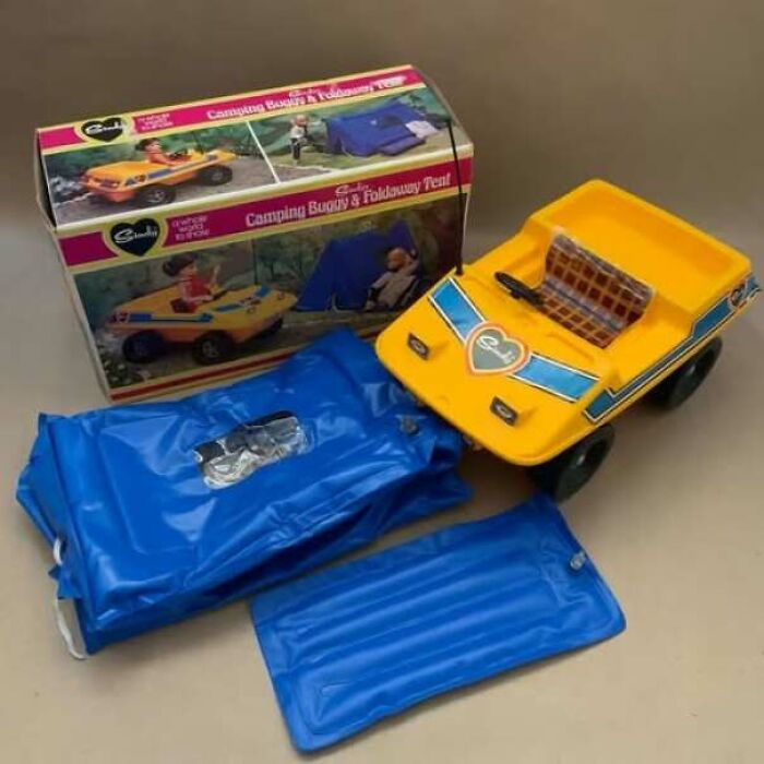 Retro 1970s camping buggy toy with foldaway tent and inflatable accessories in original box