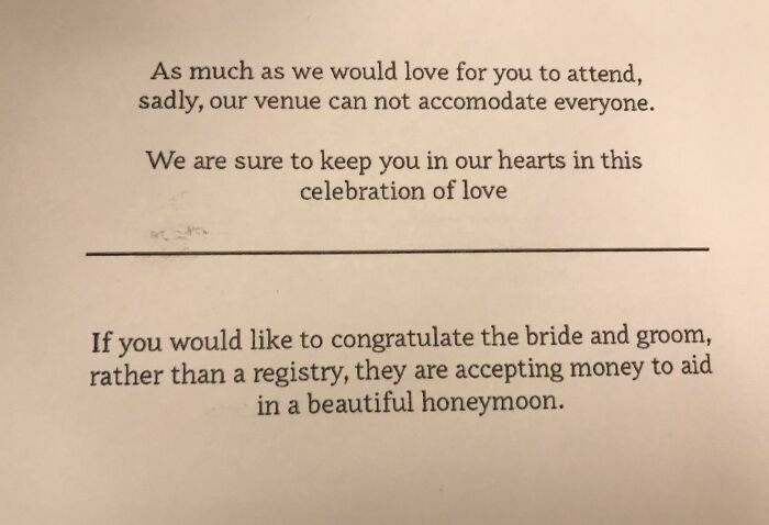 An uninvitation card asking for honeymoon money, showcasing questionable wedding moments