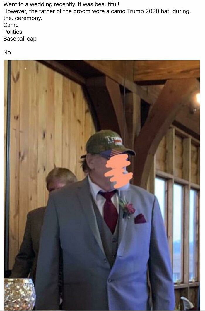 Groom's father wearing a camo hat to a wedding ceremony causing questionable wedding moments