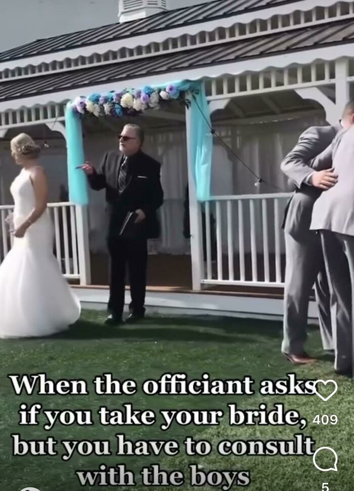 A groom consulting with his groomsmen during questionable wedding moments