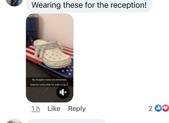 A close-up of a decorated white Croc shoe planned for a questionable wedding reception.