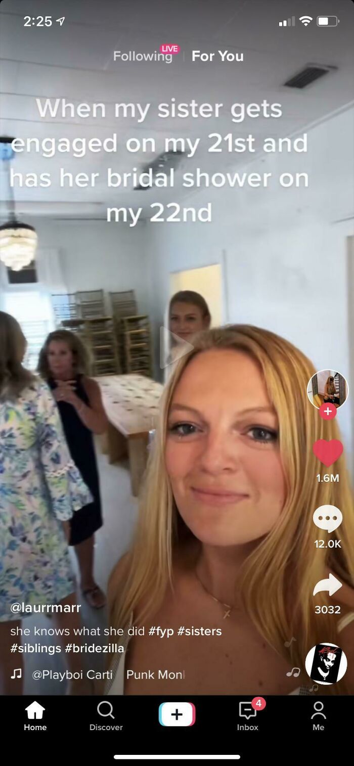 A TikTok screenshot showing a woman with text about a sibling getting engaged, creating questionable wedding moments.