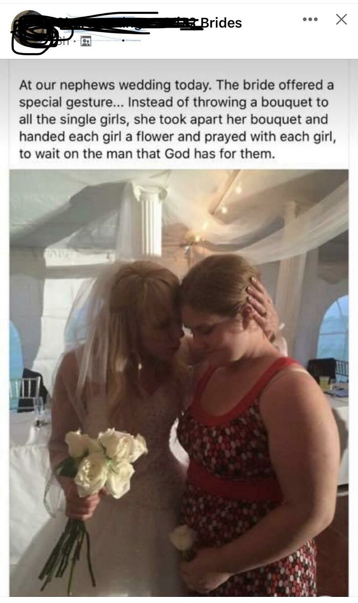 A bride hands a single flower and prays for a guest, making for a questionable wedding moment