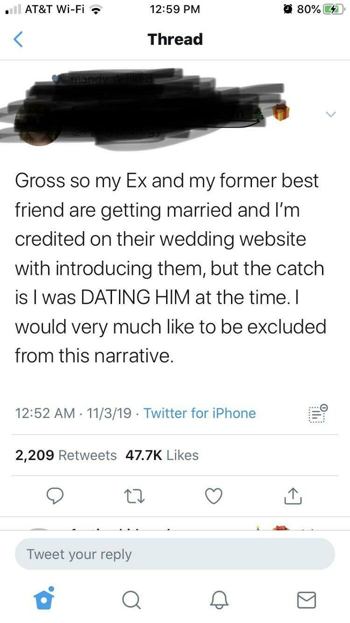 Twitter post sharing questionable wedding moments about an ex and a former best friend