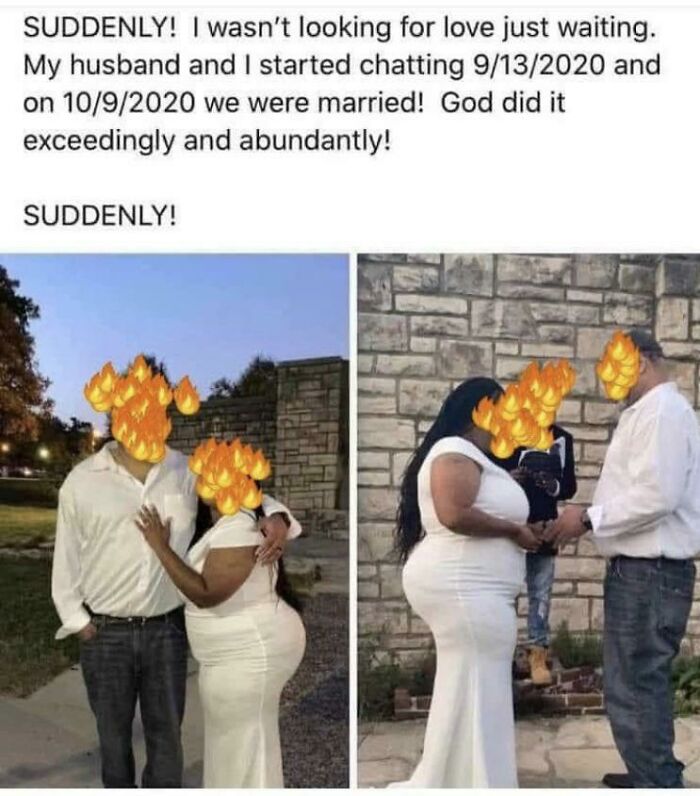 An image of a couple married after less than a month showing questionable wedding moments