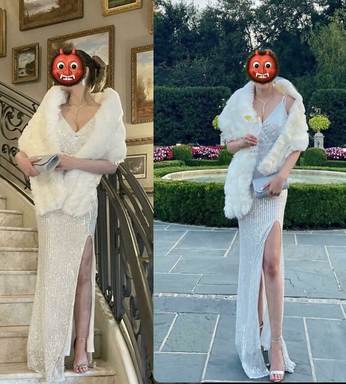 Two side-by-side photos of a woman in a white gown depicting questionable wedding moments