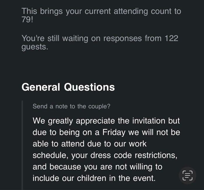 A text screenshot about a guest declining due to questionable wedding moments