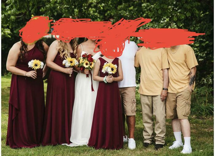 A group standing outdoors showing some highly questionable wedding moments
