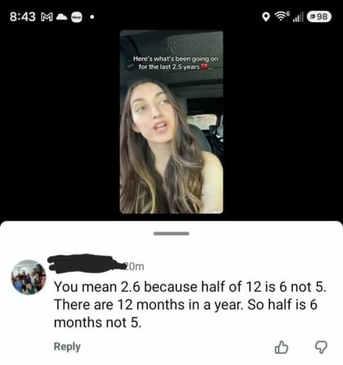 Commenter incorrectly corrected someone on decimals, claiming two and a half years should be written as 2.6.