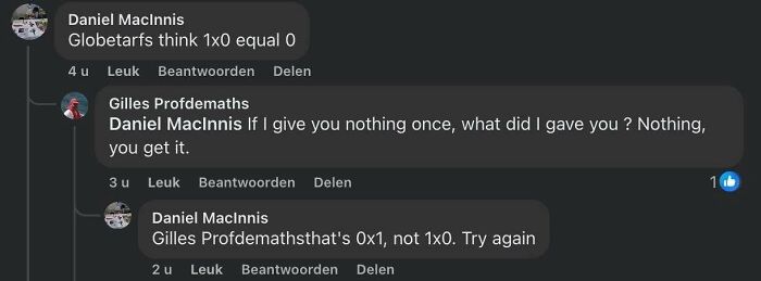 Social media comments showing someone confidently corrected with wrong math about multiplying by zero.