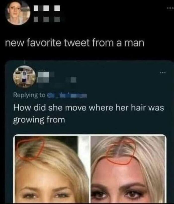 A man corrected on Twitter for confusing a side hair part with hair moving and growing in a new spot.