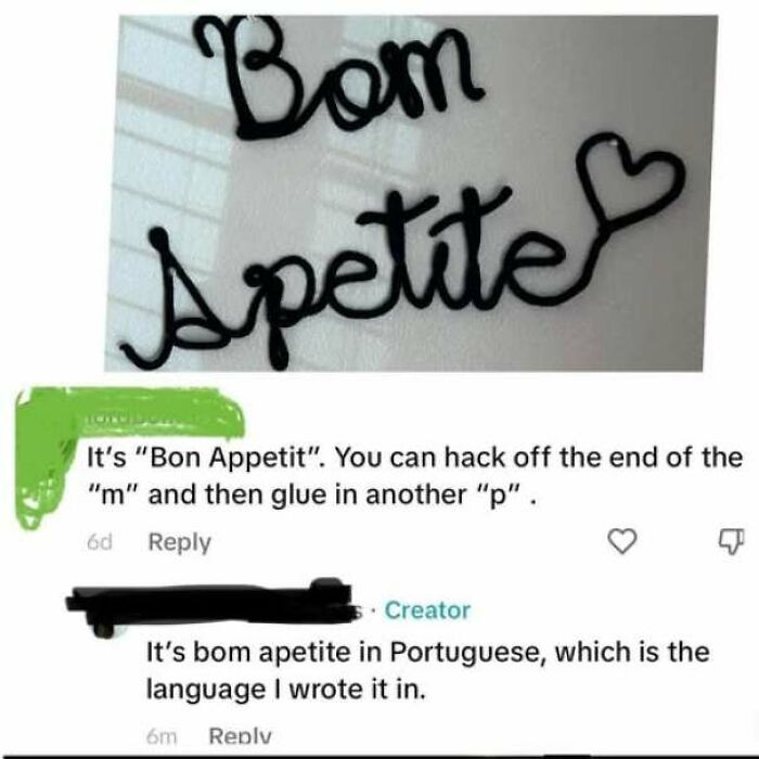 A photo of Bom Apetite text in Portuguese, with a user who corrected someone incorrectly