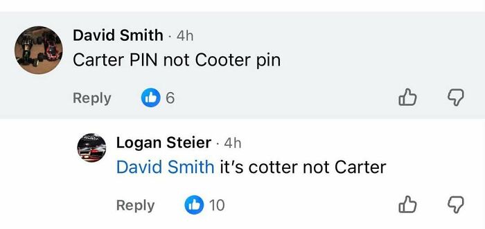 A comment thread where a user incorrectly corrects cotter pin to Carter pin with confidence.