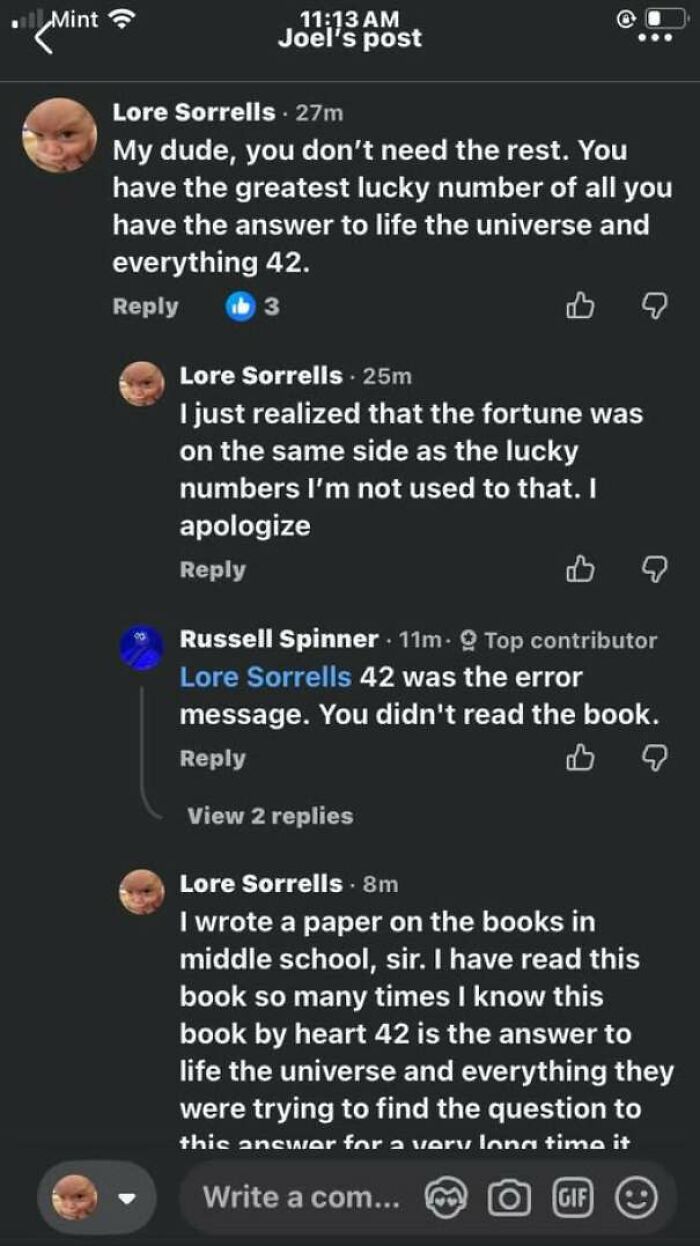 A thread about the number forty-two, showing people who corrected someone with total confidence